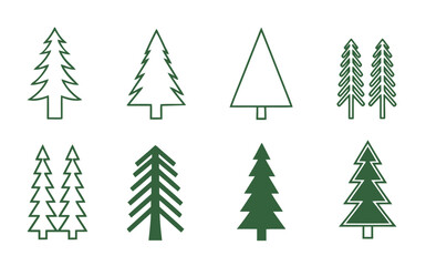 Evergreen Trees in Multiple Outline and Solid Styles Isolated on White Background