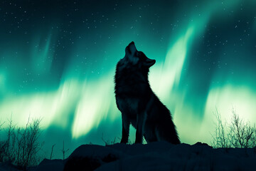 Silhouette of Howling Wolf Against Vibrant Green Northern Lights in Arctic Night Sky, Generative AI