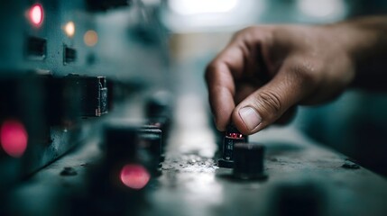Close up of a hand expertly turning a dial on a vintage illuminated industrial control panel with red indicator lights