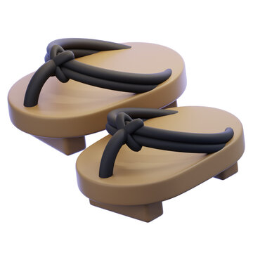 3D illustration of a pair of traditional Japanese wooden sandals, also known as geta. These iconic footwear elements are often worn with a kimono