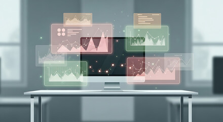 Futuristic computer monitor displaying holographic data analytics and business intelligence dashboards.