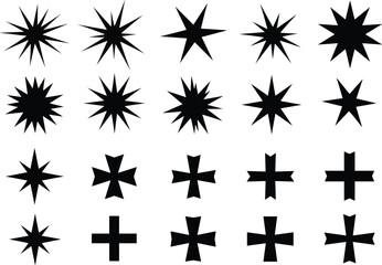 Star and cross silhouette collection, decorative symbol vector set, festive holiday artwork, geometric design element, black flat cad illustration