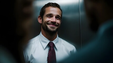 A smiling businessman in a white shirt and tie stands confidently in a modern office elevator