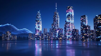 Night cityscape animation with futuristic skyscrapers and lighting effects - Powered by Adobe