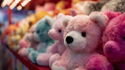 Row of colorful stuffed teddy bear prizes on a shelf at a carnival game