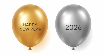 New year 2026 two balloons one gold with happy new year text and one silver with year 2026 text on white background