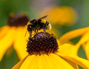 Close-up of a fuzzy bumblebee on a vibrant yellow and brown flower