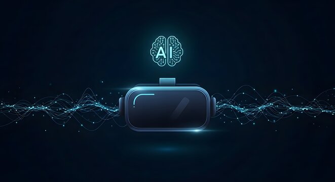 Virtual reality headset with ai brain on dark background for metaverse