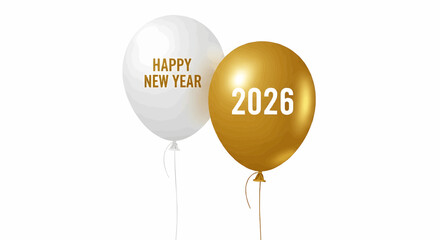 New year 2026 two balloons one white with happy new year text and one gold with year 2026 on a white background