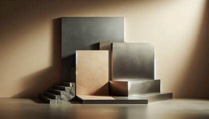 Modern architectural display with geometric shapes and varying textures in soft lighting