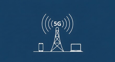 5g network technology with tower, laptop and phone on blue background, line art