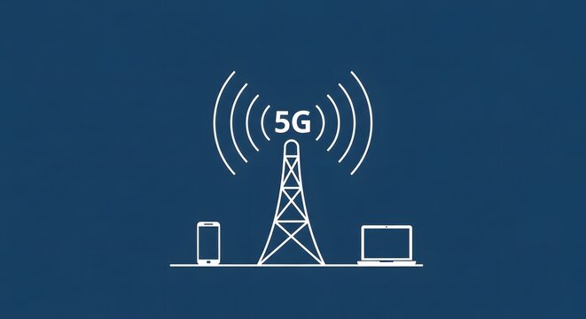 5g network technology with tower, laptop and phone on blue background, line art