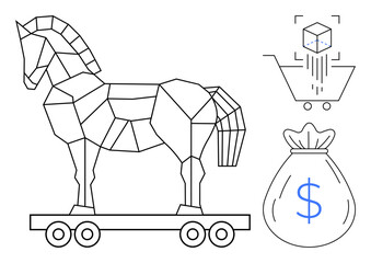 Geometric Trojan horse on wheels, a shopping cart with a digital cube, and a dollar bag. Ideal for cybersecurity, e-commerce fraud, online threats, financial risk, digital scams, hacking prevention