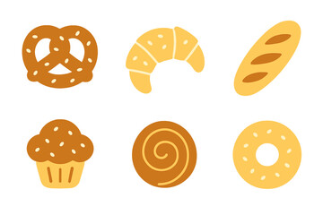 Flat style collection of sweet and savory bakery items and breakfast foods