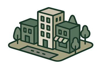 Fototapeta premium Isometric view of a small city block with residential and commercial buildings
