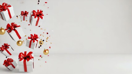 minimalist christmas gift boxes floating in air, red ribbons, golden baubles, festive confetti explosion, clean white background - Powered by Adobe