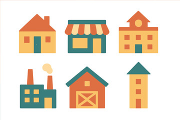 Fototapeta premium Colorful geometric icons representing residential commercial industrial and agricultural buildings