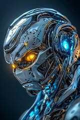Futuristic silver robot with metallic skin and glowing orange eyes, showcasing intricate details and advanced technology
