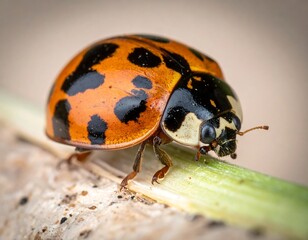 Close-up macro of a ladybug on a green stem, displaying detailed patterns