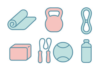 Essential fitness and gym equipment including yoga mat, kettlebell, jump rope, resistance band, and water bottle