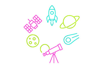 Fototapeta premium Vibrant neon outline icons set for space exploration featuring rocket satellite planet and telescope