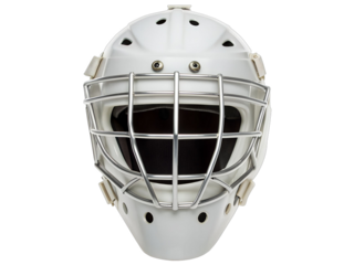 Professional white hockey goalie mask with protective cage ready for intense game action