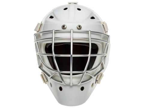 Professional white hockey goalie mask with protective cage ready for intense game action
