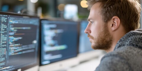 maintenance technical repair optimization concept. Focused programmer working on multiple screens displaying code.
