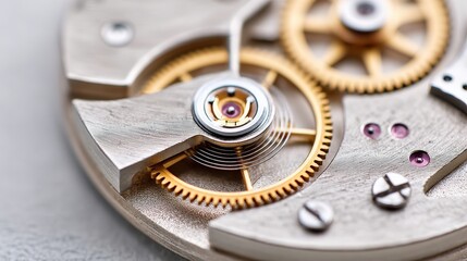 maintenance technical repair optimization concept. Close-up of intricate watch movement with gears and jewels.