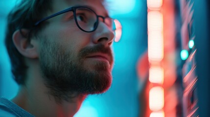 maintenance technical repair optimization concept. Thoughtful man in neon-lit environment looking up.