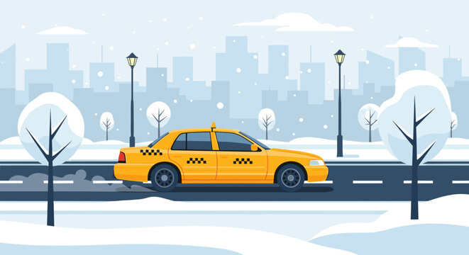 Yellow taxi driving on snowy winter road, urban winter scene, flat vector illustration