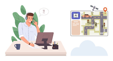 Man at desk with headset offering support, AI-powered traffic map, satellite, vehicles, and pedestrian. Ideal for customer service, AI innovation, navigation, traffic control smart cities