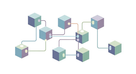 Isometric Blockchain Network of Interconnected Data Cubes on White Background.