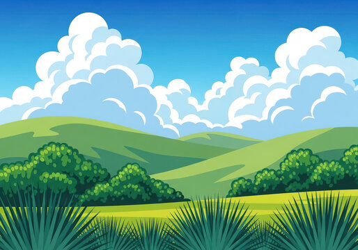 Vibrant abstract watercolor painting of rolling green hills and fluffy white clouds under a blue sky