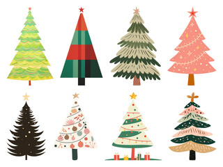 Obraz premium PNG Colorful festive Christmas trees, element set on transparent background
