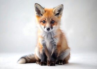 Obraz premium Adorable baby red fox with fluffy fur sitting on a clean white background looking directly at the camera 1