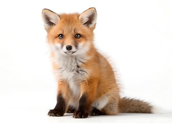 Obraz premium Adorable baby red fox with fluffy fur sitting on a clean white background looking directly at the camera