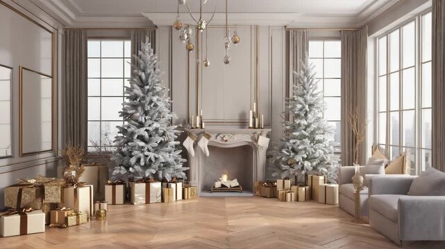 modern cozy living room decorated for christmas, frosted christmas tree with gold ornaments and gift boxes - Powered by Adobe