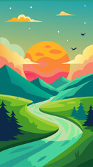 Obraz premium Stylized landscape with a winding river mountains and a large sun at sunset