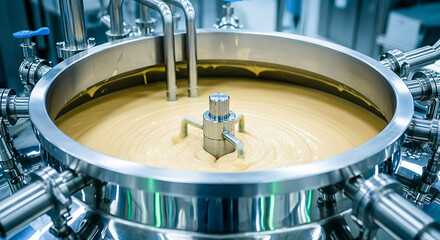 Industrial mixer blending yellow substance in stainless steel tank