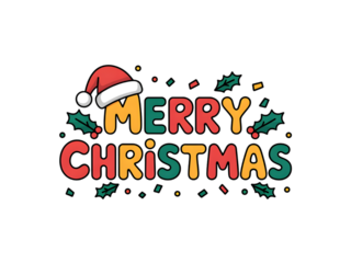 Colorful Merry Christmas Text with Santa Hat and Holly