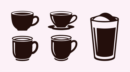 Set of coffee-themed icons. Features a coffee cup, tea, cocoa, and latte. Vector design.