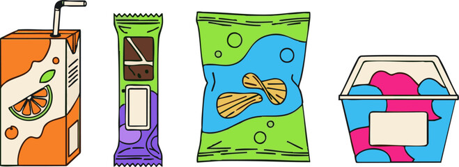 Assortment of Snacks and Beverages in Vibrant Colors A Refreshing and Tasty Selection