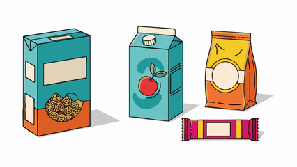 Colorful illustrated variety of food and drink packaging items a cereal box, juice carton, snack bag, and a sweet bar