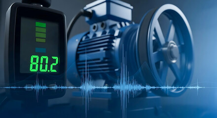 Blue industrial motor with sound meter and waveform