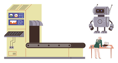 Robot beside conveyor belt machine being managed by an engineer using a laptop. Ideal for technology, automation, robotics, engineering, manufacturing, AI, machine learning concepts. Clean flat