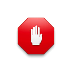 Obraz premium The 3D red octagonal stop sign features a raised white hand symbol in a minimalist design, with soft shadows and a white background for a clean and modern look.