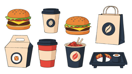 Vector illustration set of diverse fast food options, from classic burgers and coffee to sushi and Asian noodles, perfect for food delivery and restaurant branding