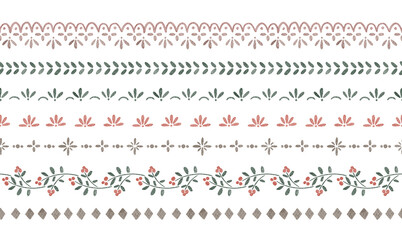 Watercolor seamless borders for christmas decor. Traditional folk ornaments, holiday festive vintage background.