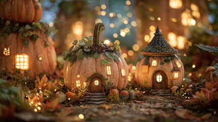 Whimsical Pumpkin Patch Village With Miniature Fairy Cottages, Glowing Windows, And Warm Lanterns—Dreamy Autumn Scene For Holiday Decor, Fantasy Home, And Cozy Seasonal Inspiration